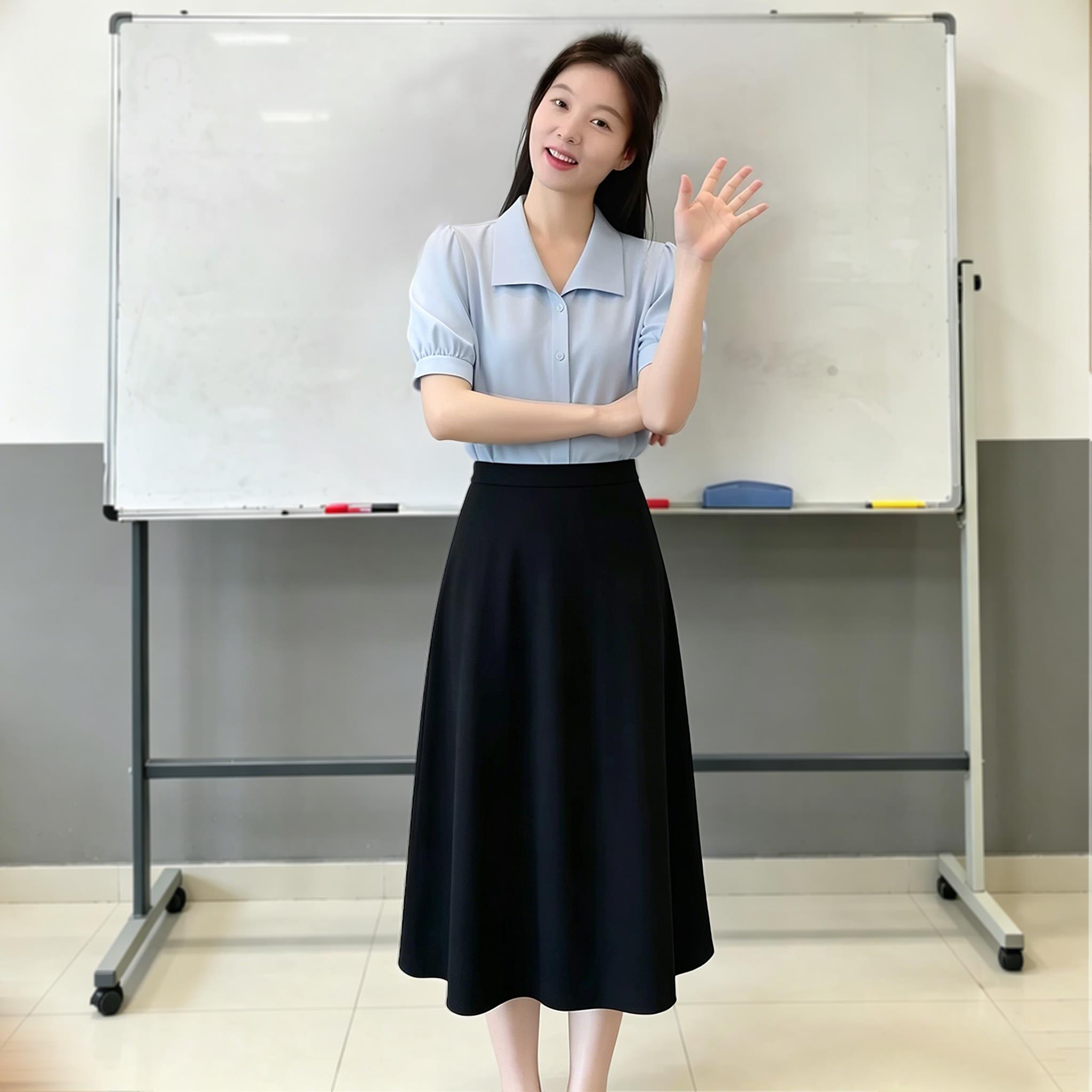 蓝色短袖翻领衬衫女2026新款教师面试穿搭职业套装正装高级感衬衫