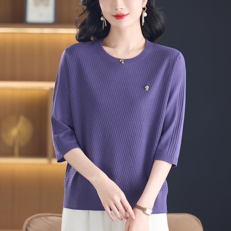 中年妈妈七分袖圆领桑蚕丝t恤女上衣春夏宽松大尺码薄款休闲内搭