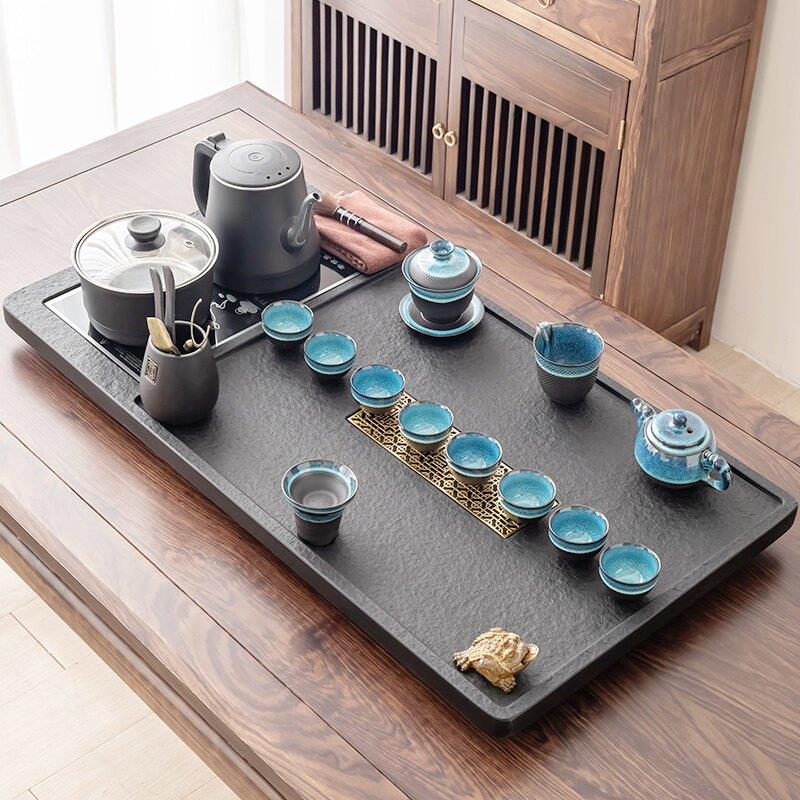 天然乌金石茶盘现代简约一体式茶盘功夫茶具套组家用排水式大茶台