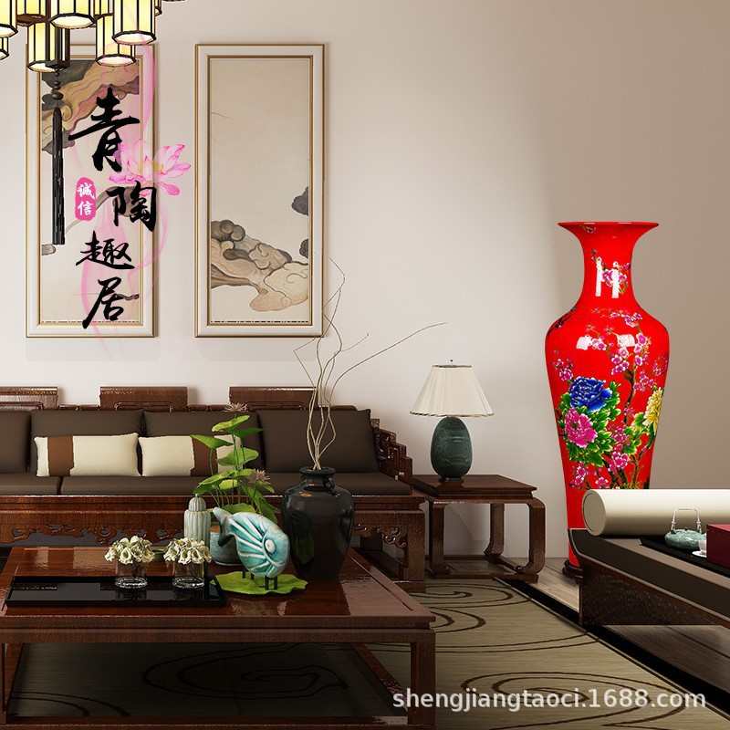景德镇红花开酒店富贵中国黄陶瓷器客厅花瓶中式大摆件红落地大