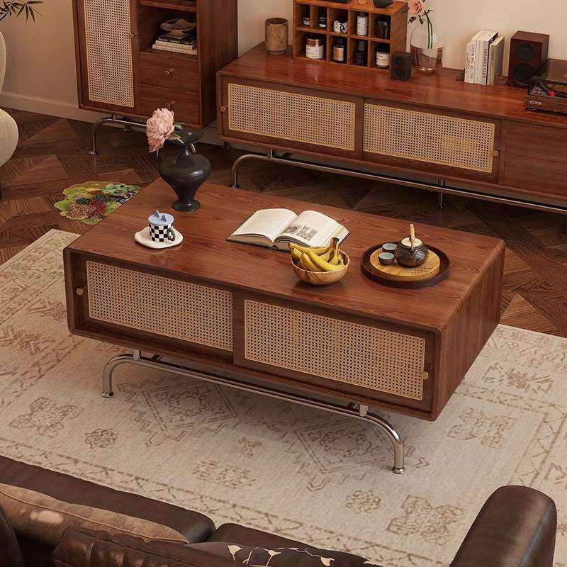 北欧实木电视柜茶几组合小户型客厅家用现代简约藤编储物收纳地柜