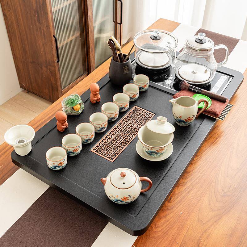 整磨砂古窗烧套茶具套装自动烧水壶一体茶盘水家用喝茶茶台办公夫