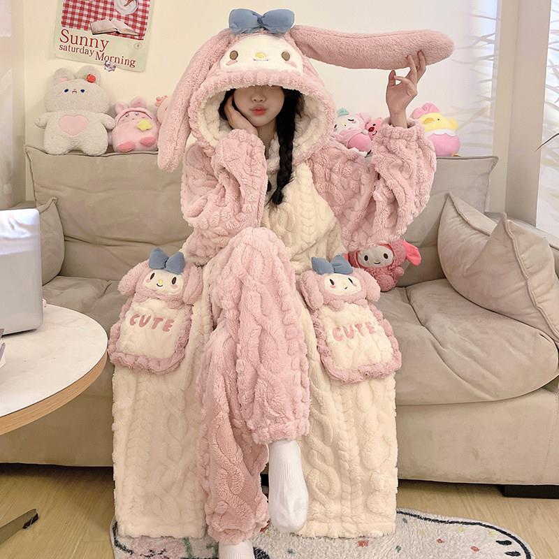 珊瑚绒睡袍秋冬季可爱2024新款睡衣女保暖冬天加绒加厚家居服套装