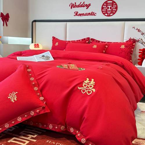 高档婚庆四件套红色2025新款刺绣被套喜被新婚庆床上用品床笠床单