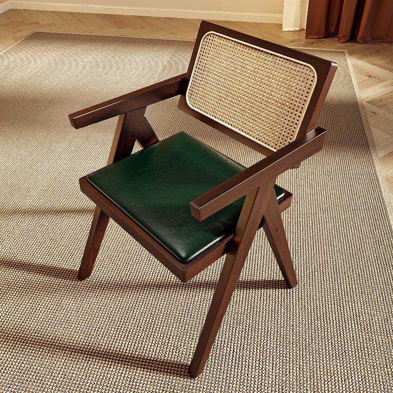 r^实木软包藤编餐椅扶手靠背椅子餐桌椅阳台休闲茶椅中古昌迪加尔