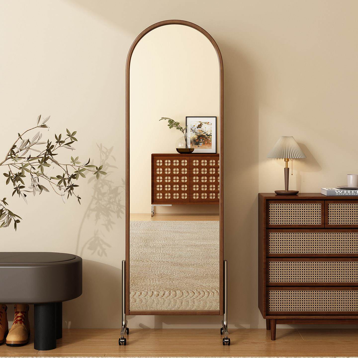 实木落地全身镜覆古家用可移动全身镜书架置物架杂志架一体全身镜