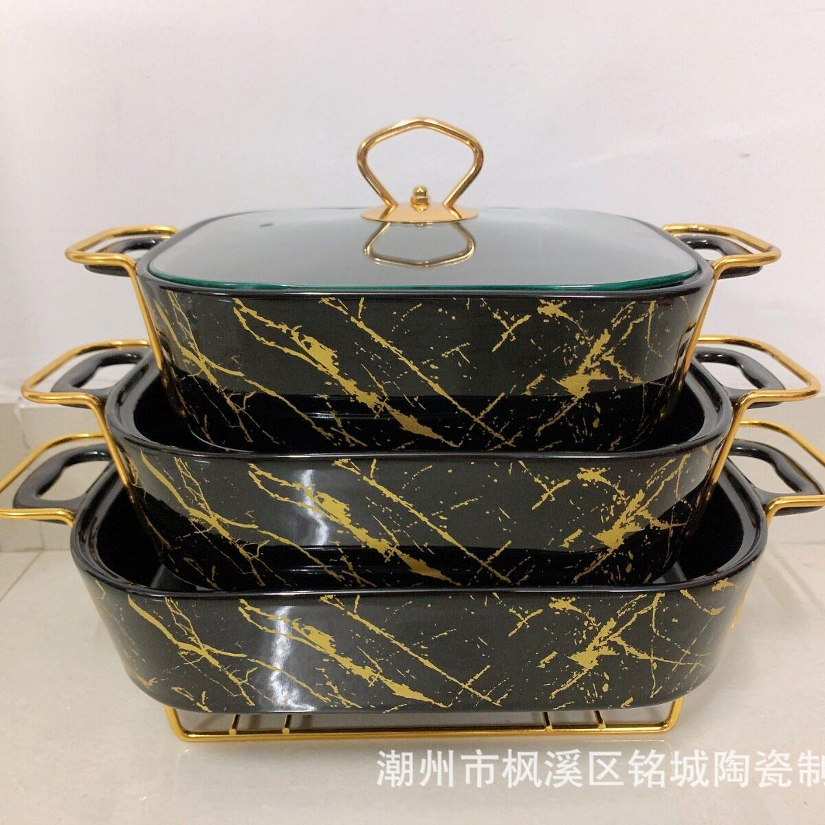 北欧双耳陶瓷锅烤盘套装餐具酒店汤锅蜡烛加热金色铁架带烛托干锅