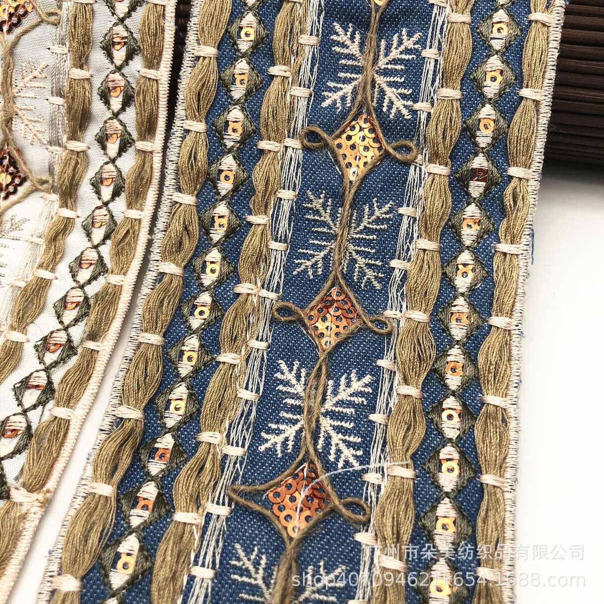 厂家新款股线刺绣花边 服装配料外贸条码 民族风股线亮片刺绣织带