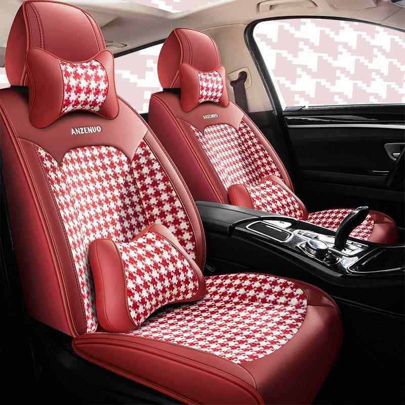 新款汽车艺座垫全皮革亚麻布千鸟格四套季通用套五座座96座椅全包