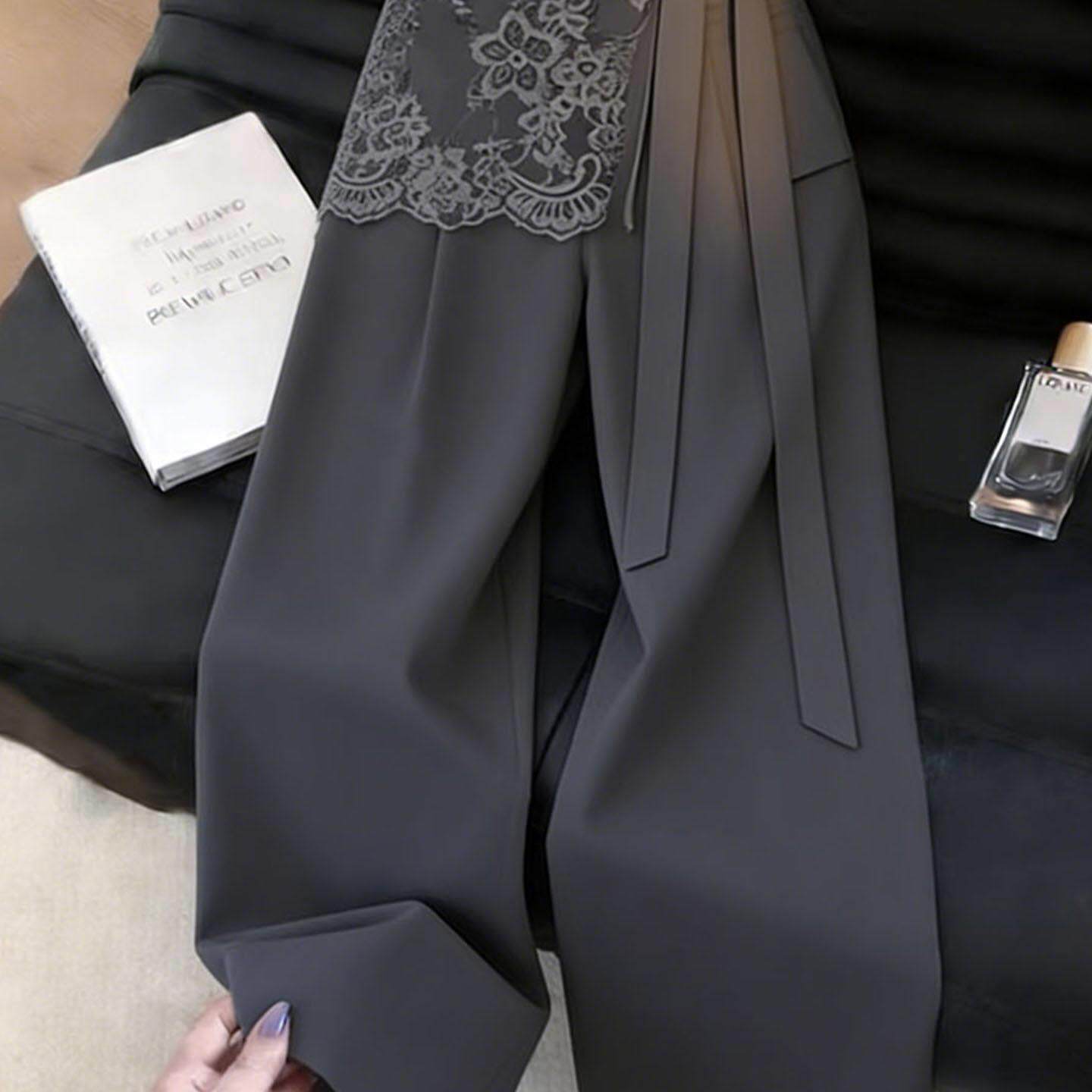 ROUJE ESVIP韩版高级感灰色阔腿裤女夏季假两件飘带蕾丝西装裤女