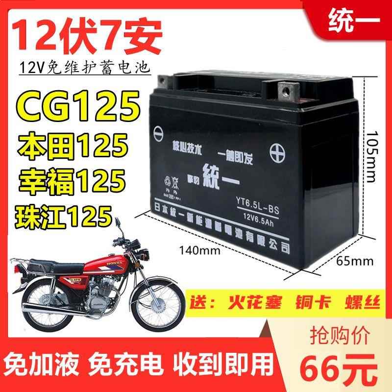 适用本田CG125珠江幸福125男士摩托车擎豹统一免维护电池12V6.5A