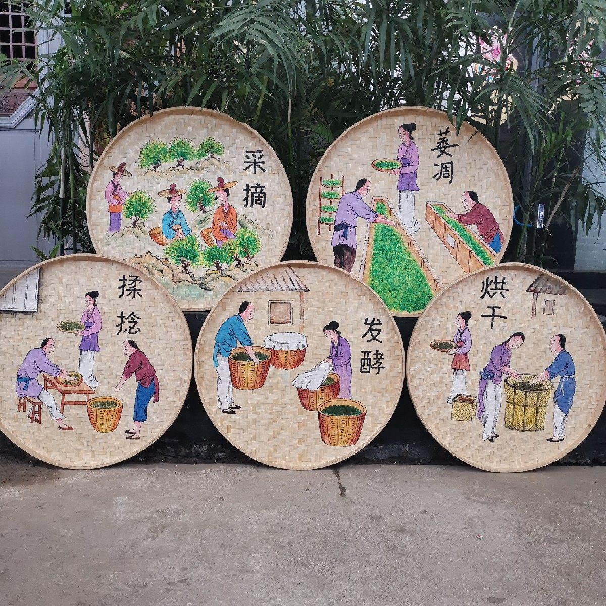 复古茶室餐馆装饰墙饰竹筛子手绘圆簸箕画墙面墙壁挂饰竹编装饰品