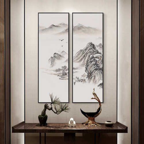 新中式山水画客厅装饰画四联壁画大气风景挂画书房大厅靠山墙画