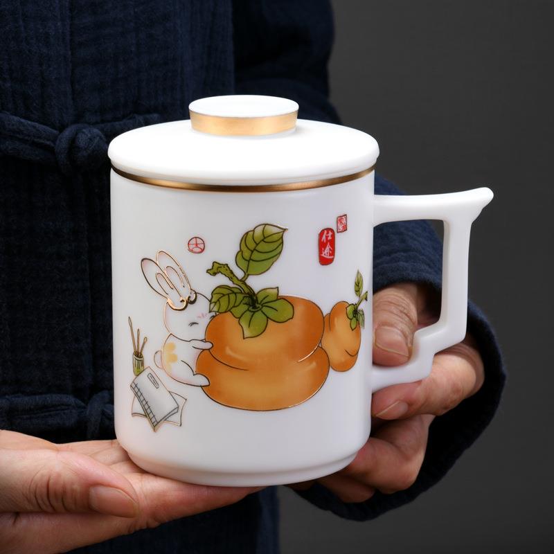 羊脂玉瓷马克杯大师手作带盖茶水分离办公杯家用过滤高档轻奢茶杯