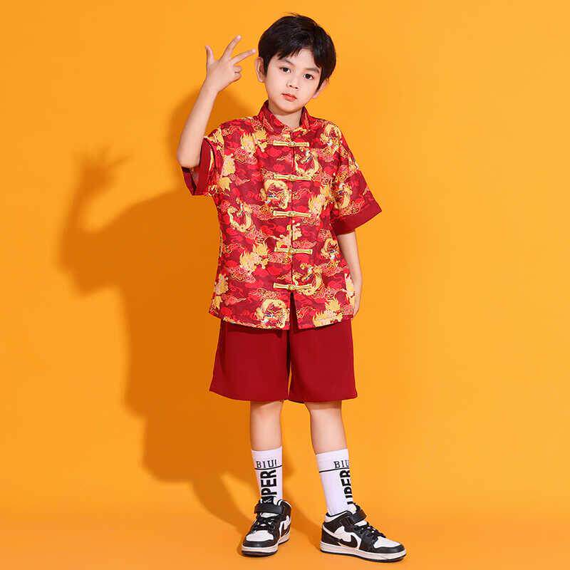 高档啦啦儿童六园一唐装幼儿潮国男童演出服中队国风喜庆班女童表