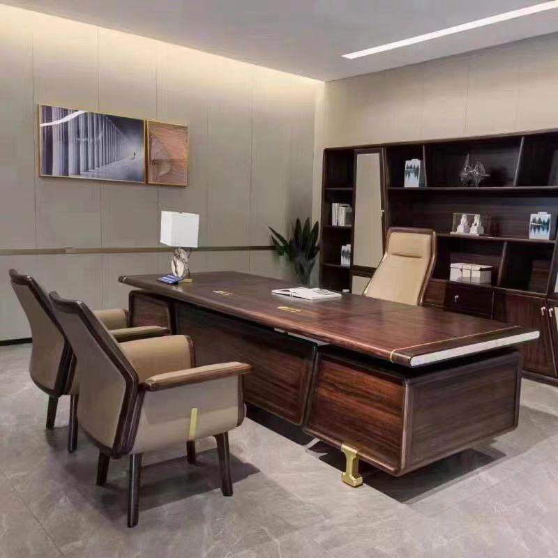 新中式实木老板桌办公桌现代大气大班台北美黑胡桃木董事长总裁桌