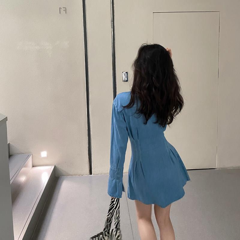 极速法式小香风长袖牛仔连衣裙女欧货爆款气质a字短裙收腰翻领半