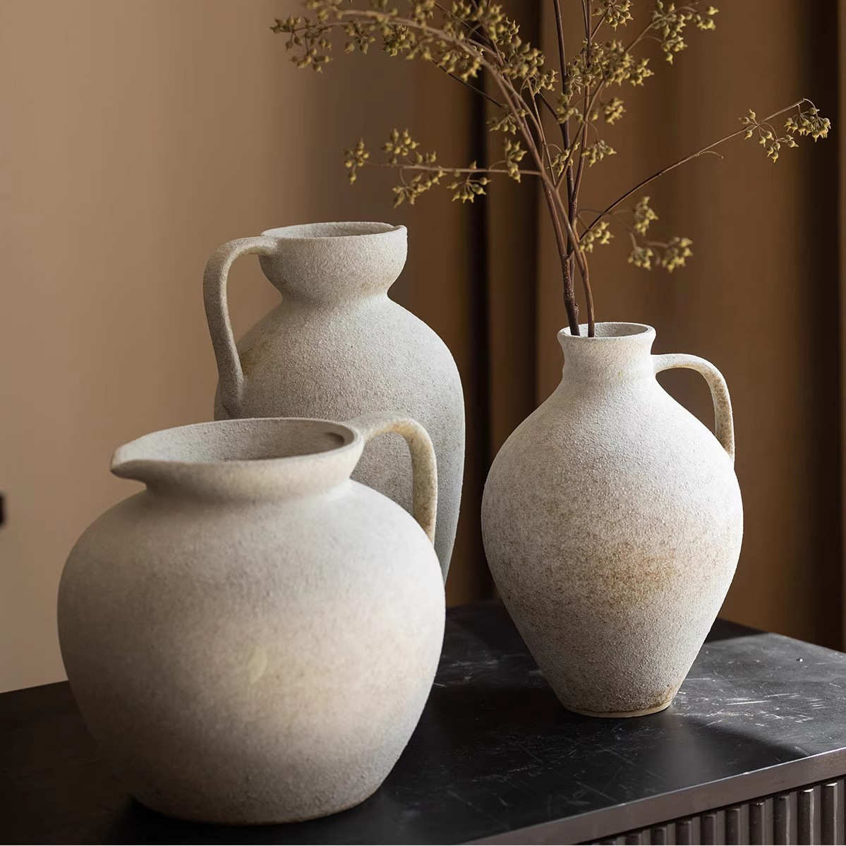 新中式陶瓷复古花瓶景德镇日式侘寂风摆件创意插花器粗耳朵粗陶罐