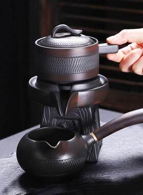 建水紫陶茶壶半自动懒时间跑茶壶磨石茶具套装家用紫陶高档茶具
