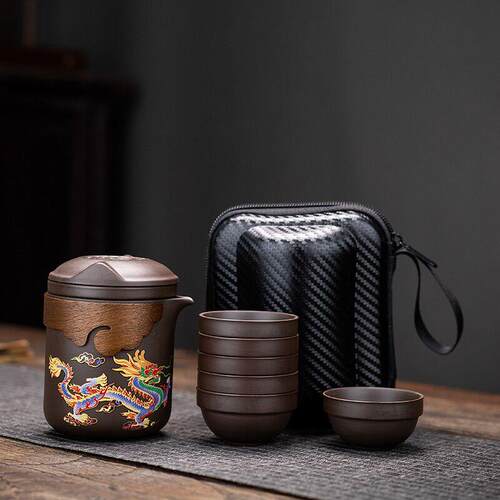 中式遇水变热龙凤紫砂一壶六杯快客杯户外旅行茶具套装冲茶泡茶器