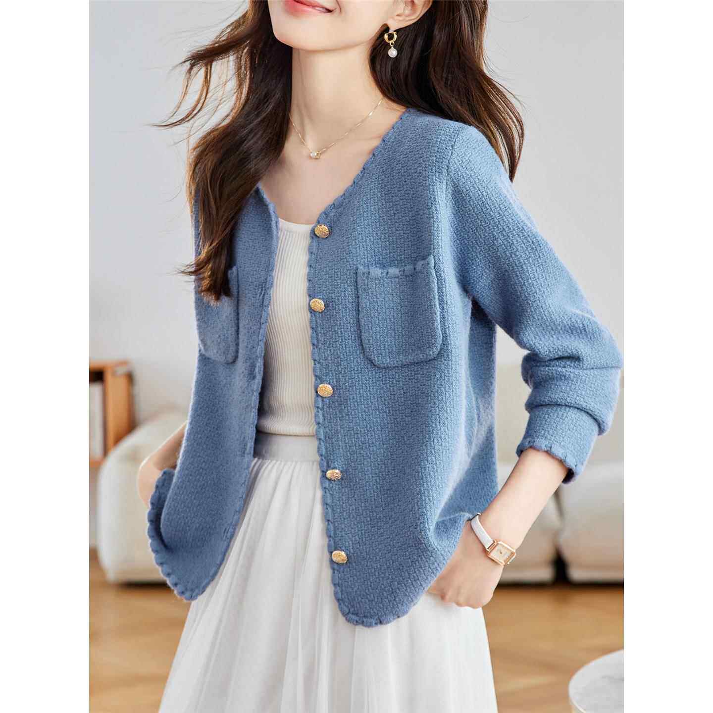 蓝色小香风V领针织开衫女2025秋季新款宽松外搭春秋配裙毛衣外套