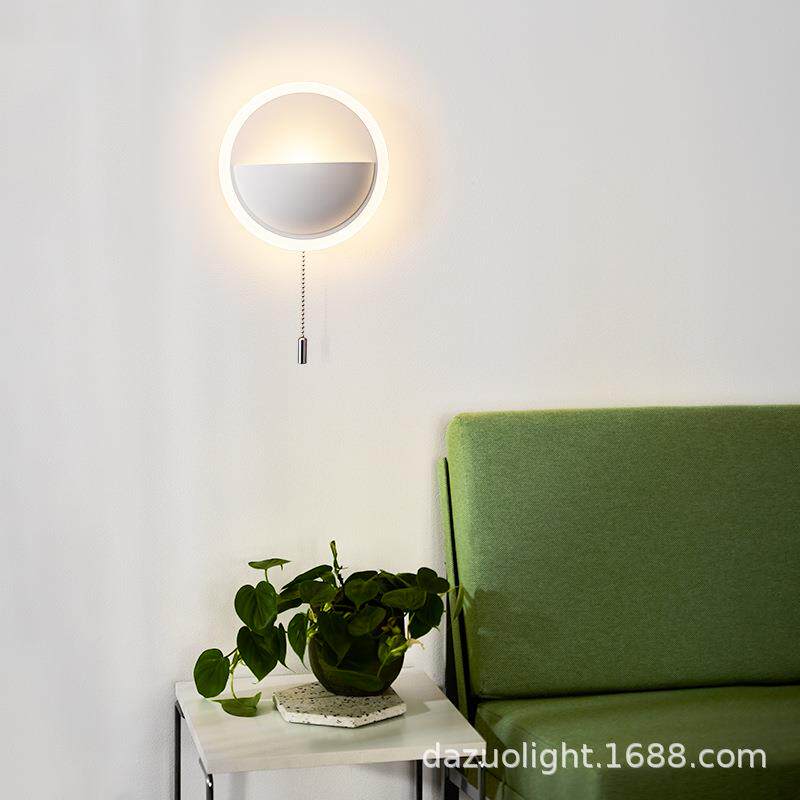 床头壁灯现代简约圆形拉线开关书房卧室LED灯亚克力带背光灯具
