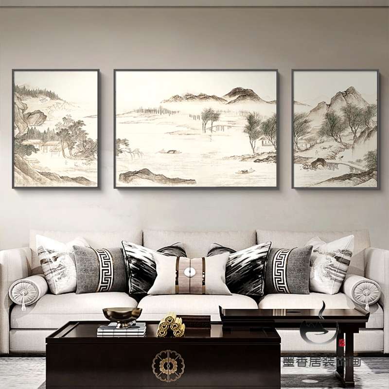 湖山春暖图客厅三联装饰画新中式茶室山水风景壁画包间背景墙挂画