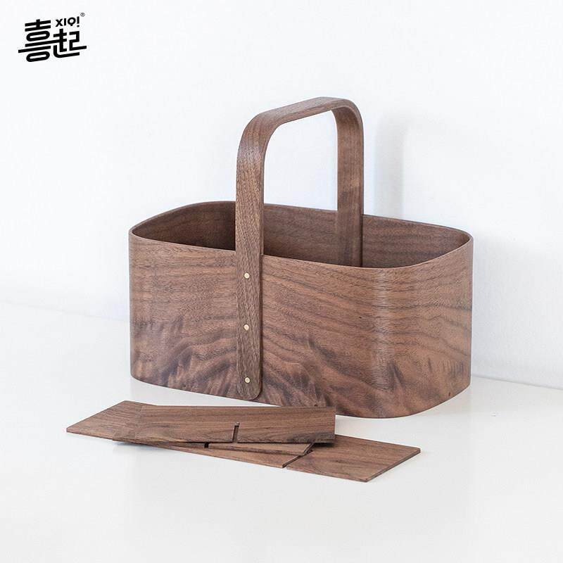 曲木实木遥控器收纳盒桌面茶几玄关杂物整理筐户外手提茶具收纳篮