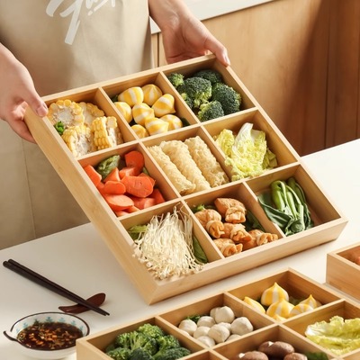 川岛屋九宫格托盘火锅格子竹木配菜盘拼盘餐具茶点心盒干水果盘子