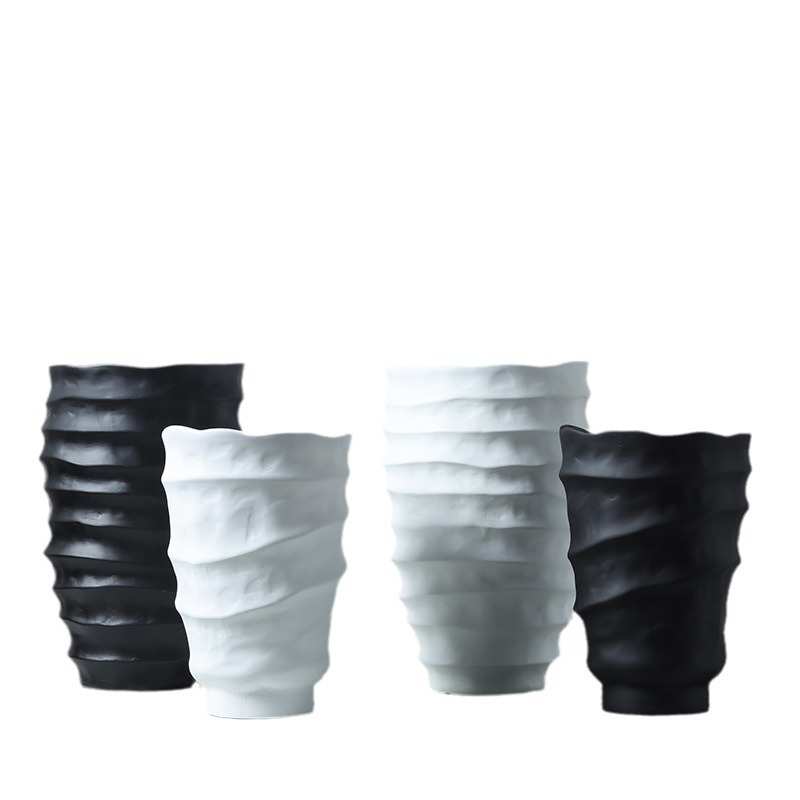 用品中式黑白花盆新波浪北欧不规则摆件口装饰品条纹树脂现代花瓶