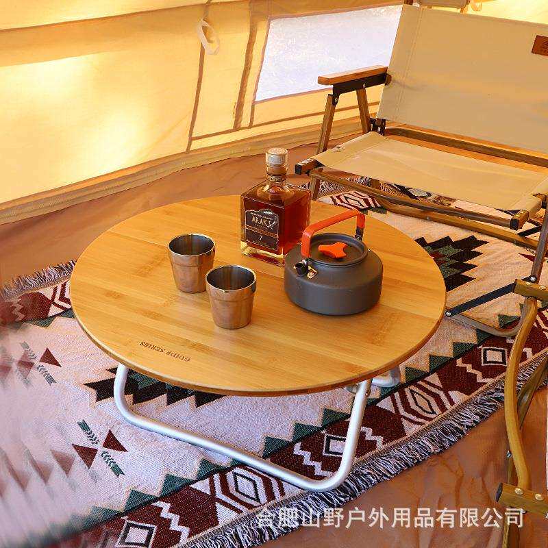 步林山野可折叠竹板圆桌便携式户外野餐烧烤桌对折露营小圆桌茶几