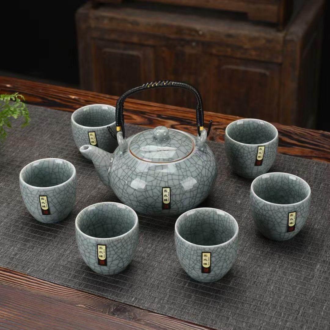 哥窑青瓷提梁壶茶具套组功夫陶瓷家用冰裂纹高档大容量茶壶礼品盒