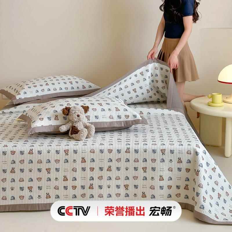 轻奢风全棉双层纱床盖三件套亲肤纯棉绗缝加厚防滑床单榻榻米被套