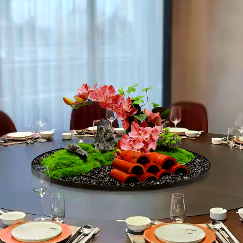 酒店餐桌中间摆件高端包厢装饰品摆设圆桌转盘中心景观餐桌花假花
