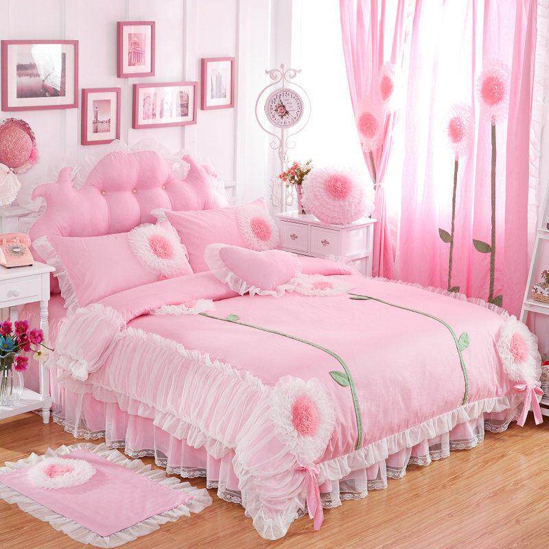 新款韩版全粉色公主花边床裙四件套纯棉蕾丝床单婚庆床棉用品上韩