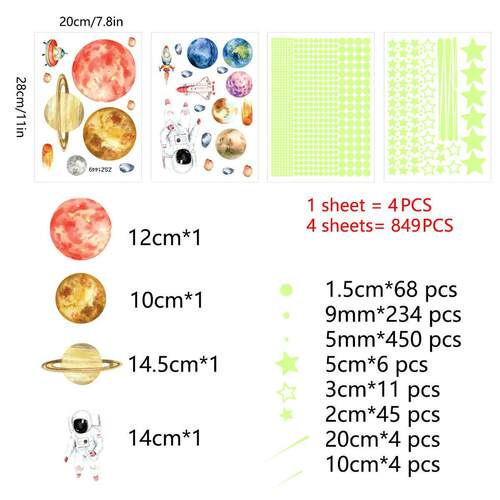 849Pcs Glow in The Dark Stars Wall Stickers Glowing Stars fo
