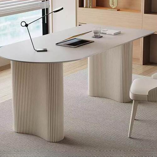 奶油风岩板电脑桌纯白轻奢小户型北欧现代简约写字办公桌书房书桌