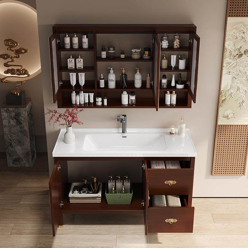 新中式橡木落地式浴室柜组合智能实木卫生间洗漱台一体陶瓷盆卫柜