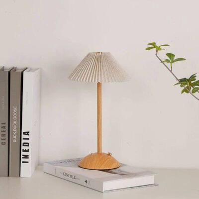 Cordless Table Lamp Wood Base Small Table Lamp Fabric Shade