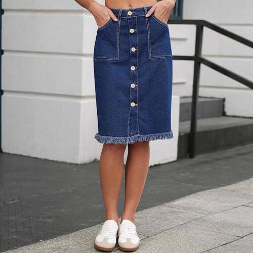 Women's Casual High-Waisted Denim Midi Skirt Slim-Fitting