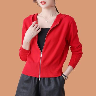 大红色羊毛衫开衫女双拉链针织连帽卫衣春季新款上衣小款毛衣外套