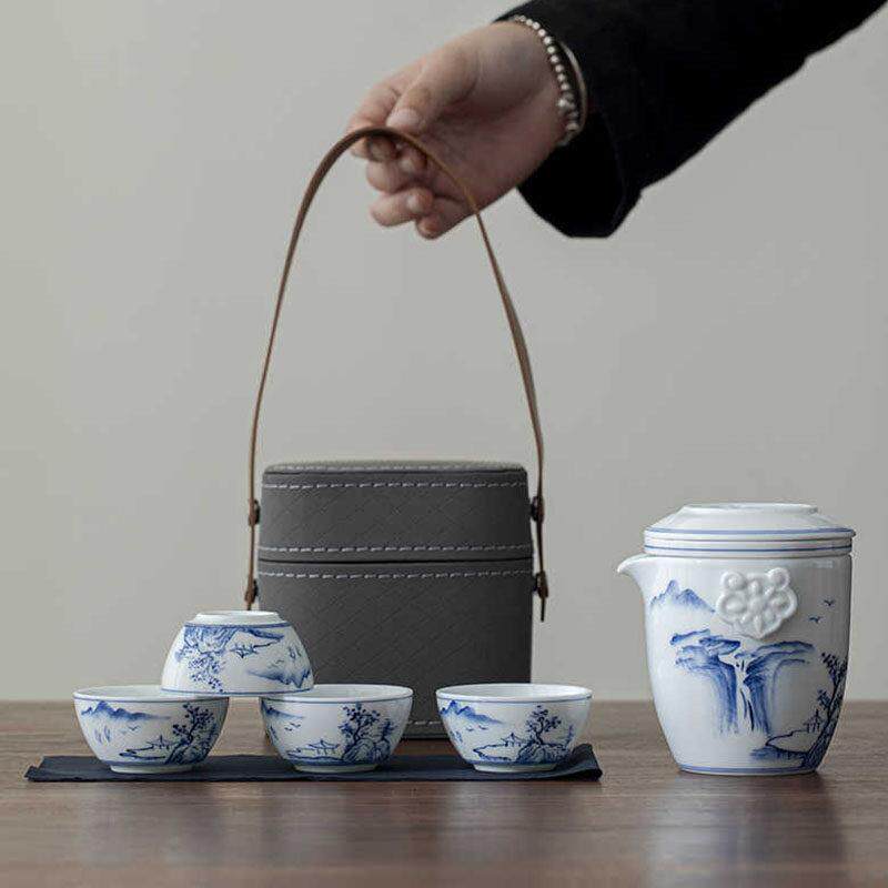 Claska Do 户外可携式旅行功夫茶具套组手绘青花瓷快客杯一壶四杯