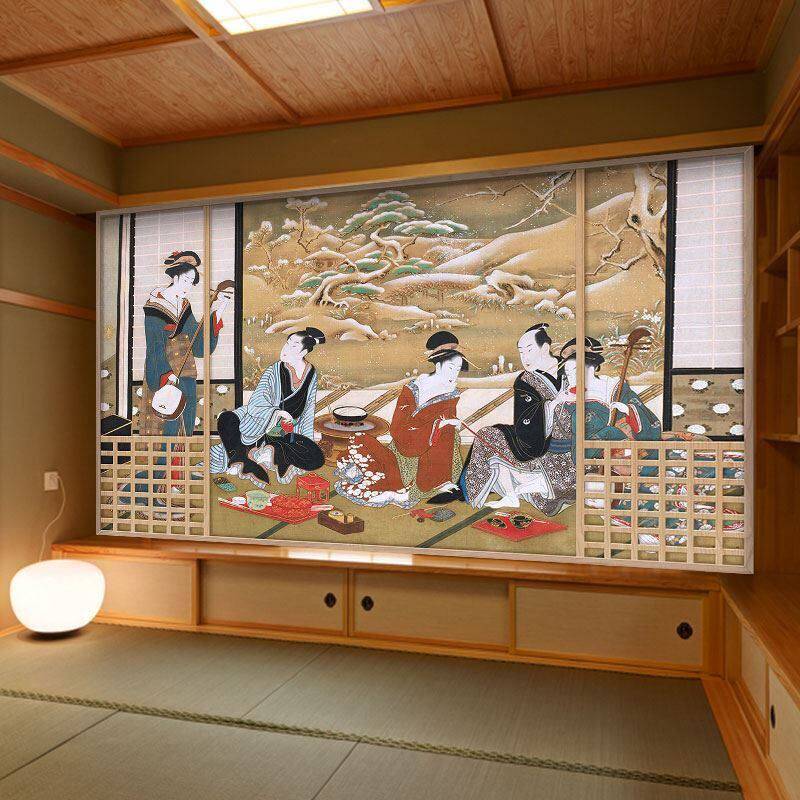 日式风格墙布日本寿司店浮世绘和风壁纸仕女图壁画居酒屋装修墙纸