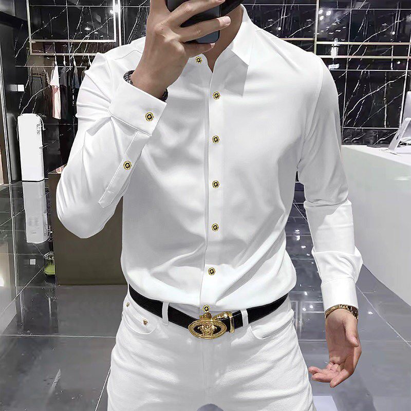 香港免烫蚕丝冰感长袖衬衫流行白色修身时尚男衬衣春秋季商务休闲