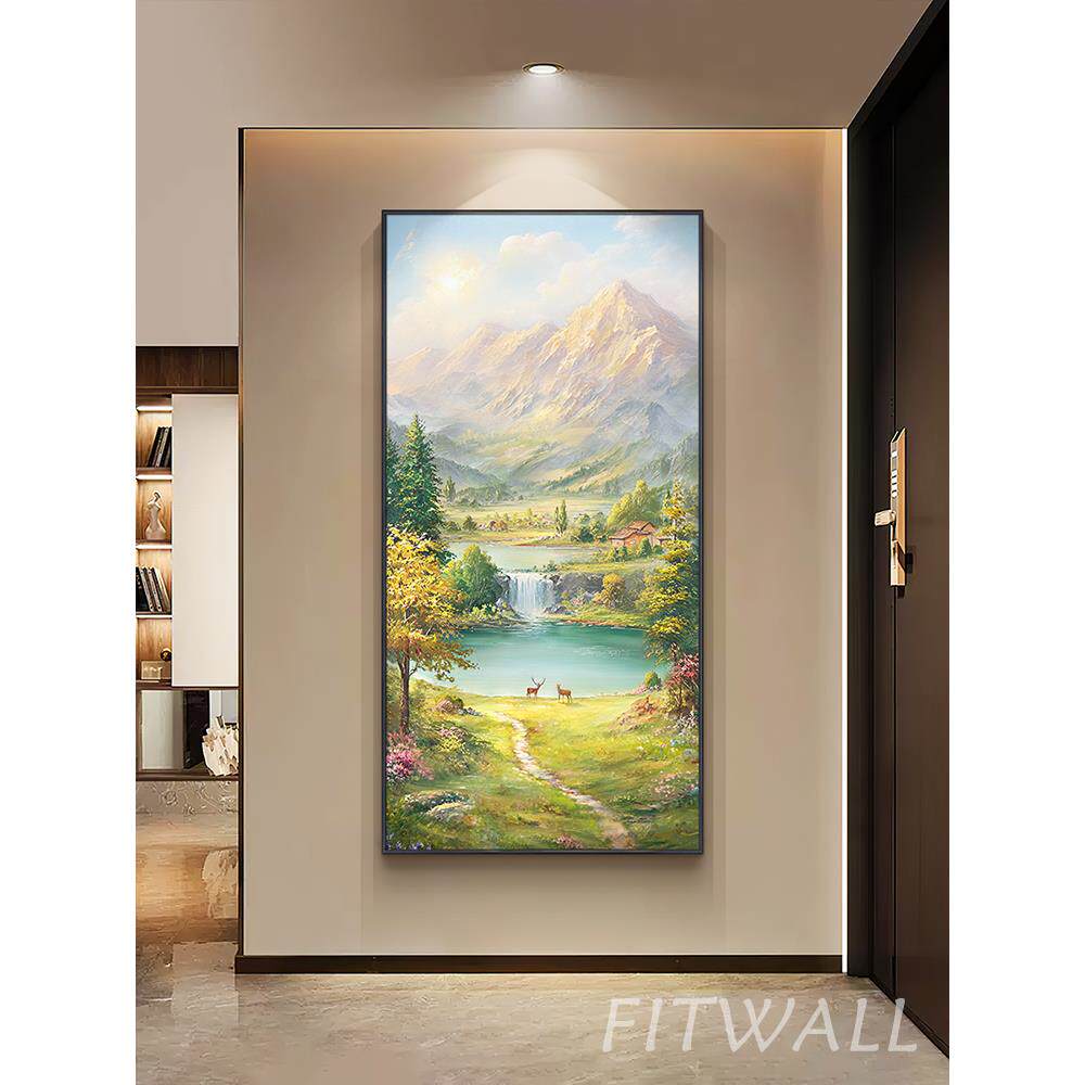 日照金山手绘油画走廊过道挂画山水风景聚宝盆东墙入户玄关装饰画