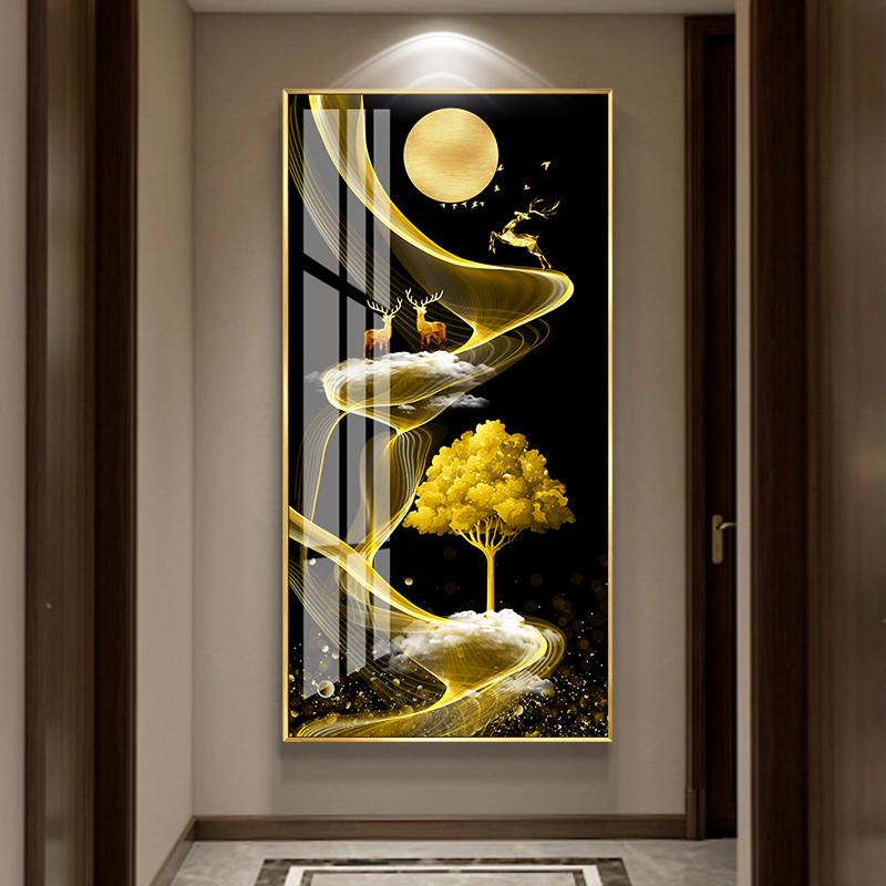 玄关装饰画竖版走廊过道挂画现代简约晶瓷画新款麋鹿顺风顺水壁画