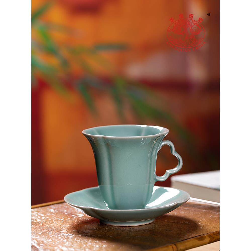 龙泉青瓷咖啡杯碟套装带勺子创意陶瓷杯子家用高档精致下午红茶杯