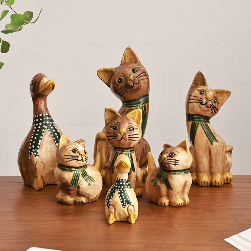 异丽泰国实木工艺品创意猫咪摆件客厅电视柜暹罗猫家居桌面装饰品