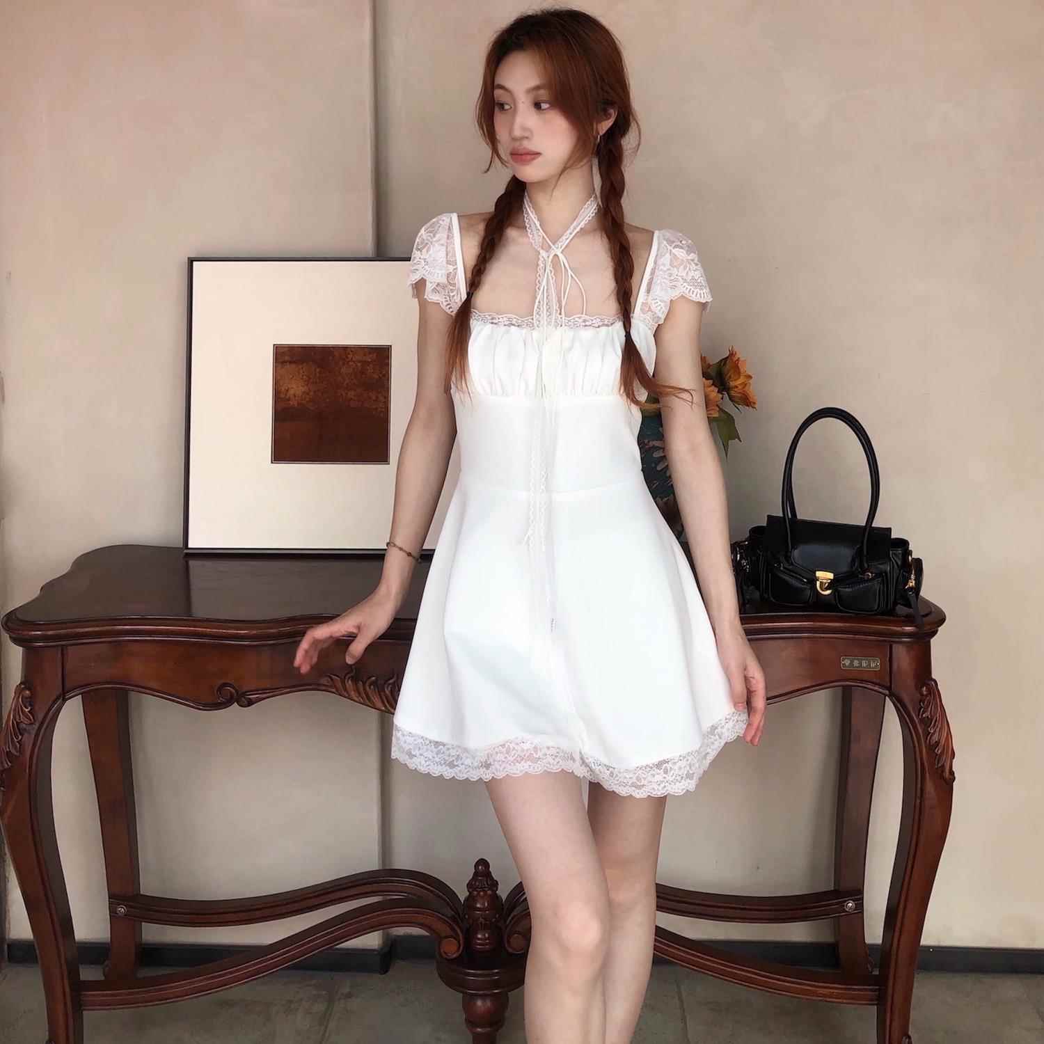 7arewill夏季新款韩系纯色性感甜美风高腰蕾丝边短袖洋装