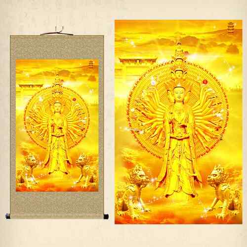 高档音观音画像手观千佛像挂画金身观绸音菩萨卷轴画佛堂供奉丝画